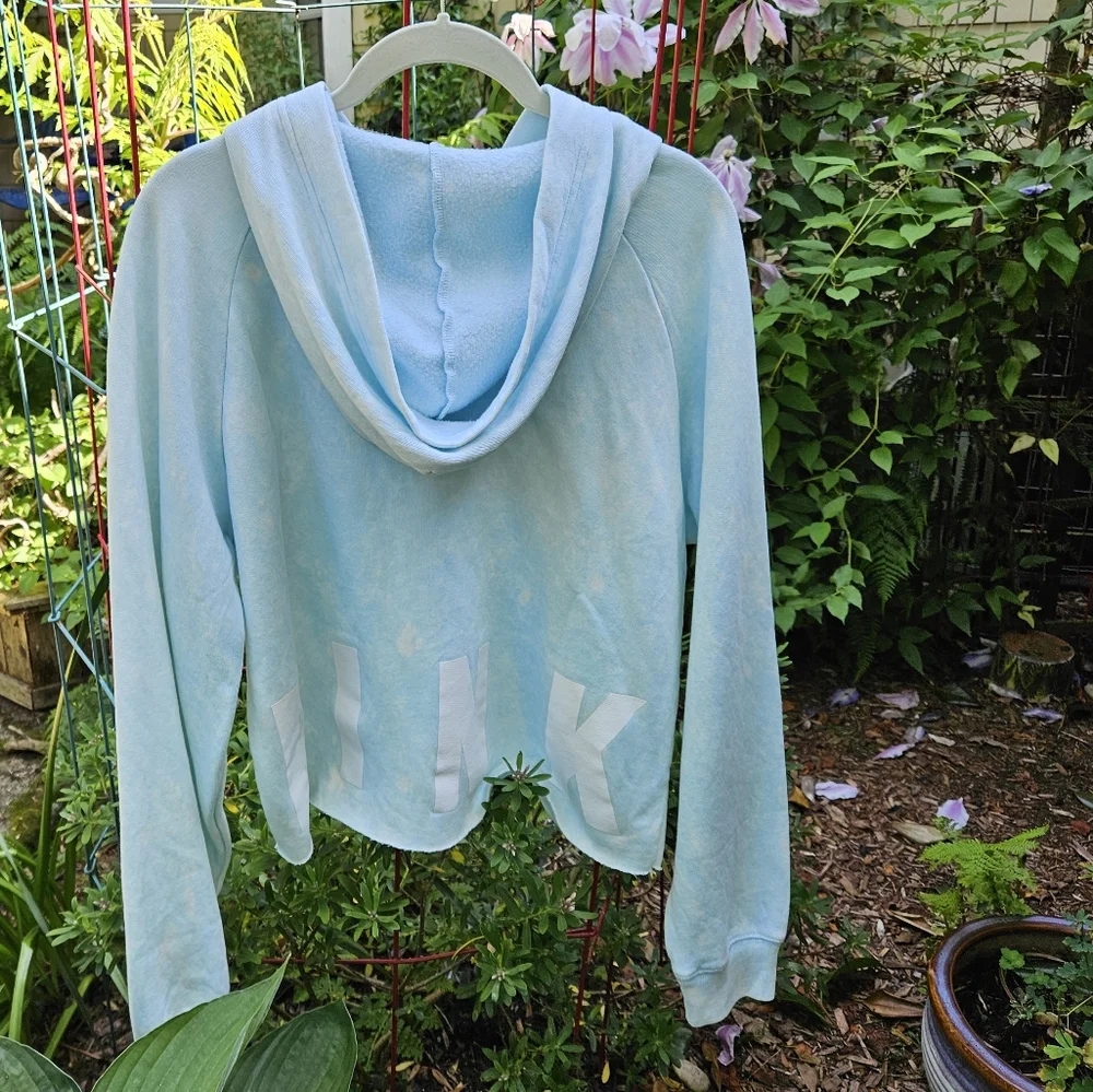 PINK Victoria's Secret Graphic Hoodie Sweatshirt LS Cropped Laced Blue Small EUC - Picture 8 of 12